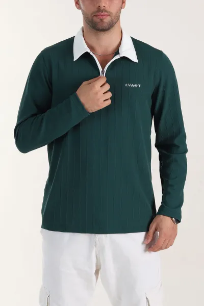 Zümrüt Yeşili Relaxed Fit Jakarlı Kumaş Yazı Detay Polo Yaka Erkek Sweatshirt 399377