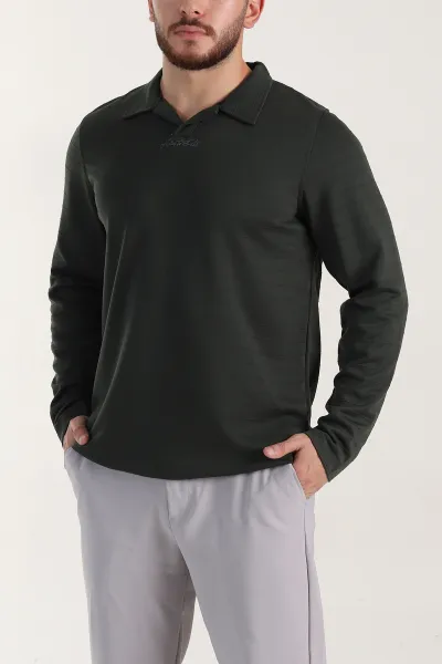 Zümrüt Yeşili Relaxed Fit Jakarlı Kumaş Yazı Detaylı Polo Yaka Erkek Sweatshirt 399446