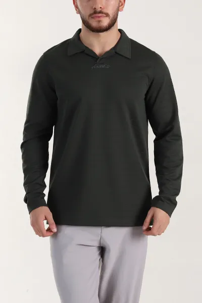 Zümrüt Yeşili Relaxed Fit Jakarlı Kumaş Yazı Detaylı Polo Yaka Erkek Sweatshirt 399446