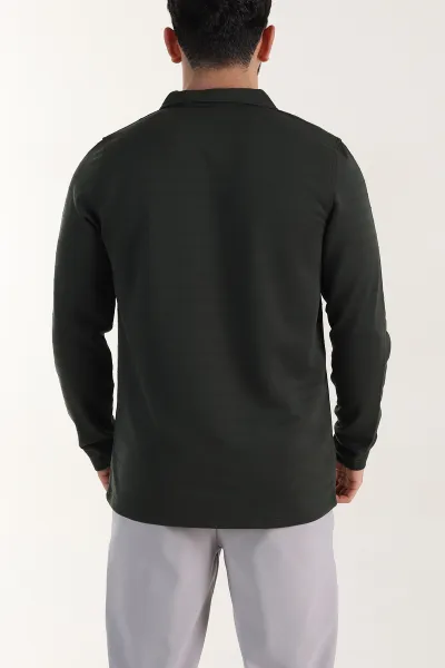Zümrüt Yeşili Relaxed Fit Jakarlı Kumaş Yazı Detaylı Polo Yaka Erkek Sweatshirt 399446