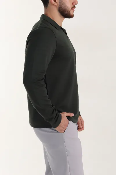 Zümrüt Yeşili Relaxed Fit Jakarlı Kumaş Yazı Detaylı Polo Yaka Erkek Sweatshirt 399446