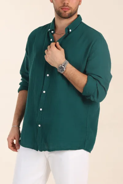 Zümrüt Yeşili Relaxed Fit Müslin Keten Ata Yaka Erkek Gömlek 339151