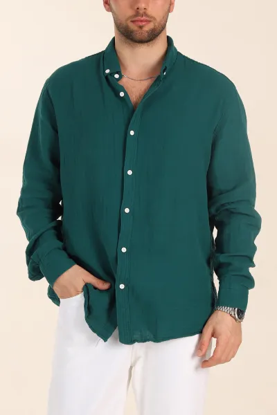 Zümrüt Yeşili Relaxed Fit Müslin Keten Ata Yaka Erkek Gömlek 339151