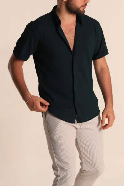 Zümrüt Yeşili Relaxed Fit Örme Duble Kısa Kollu Erkek Gömlek 278443