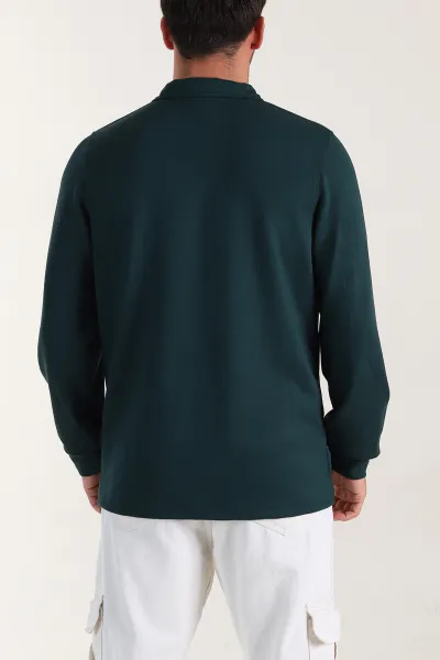 Zümrüt Yeşili Relaxed Fit Oysho Kumaş Düğmeli Polo Yaka Erkek Sweatshirt 399519