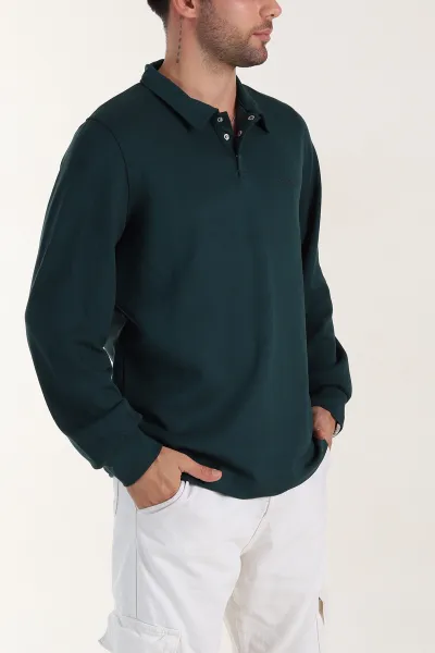 Zümrüt Yeşili Relaxed Fit Oysho Kumaş Düğmeli Polo Yaka Erkek Sweatshirt 399519