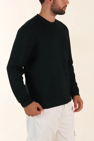 Zümrüt Yeşili Relaxed Fit Oysho Kumaş Kabartma Detaylı Erkek Sweatshirt 393279