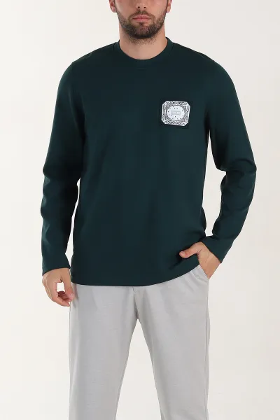 Zümrüt Yeşili Relaxed Fit Oysho Kumaş Kabartma Detaylı Erkek Sweatshirt 399525