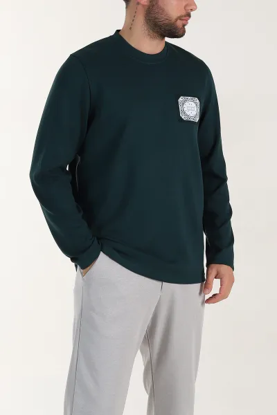 Zümrüt Yeşili Relaxed Fit Oysho Kumaş Kabartma Detaylı Erkek Sweatshirt 399525