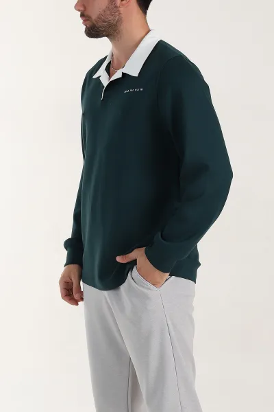 Zümrüt Yeşili Relaxed Fit Oysho Kumaş Kabartma Yazılı Polo Yaka Erkek Sweatshirt 399584