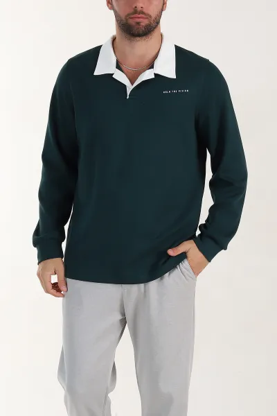 Zümrüt Yeşili Relaxed Fit Oysho Kumaş Kabartma Yazılı Polo Yaka Erkek Sweatshirt 399584