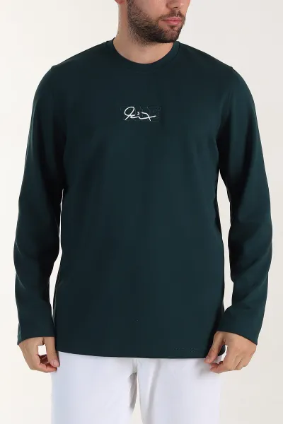 Zümrüt Yeşili Relaxed Fit Oysho Kumaş Nakışlı Yazı Detay Erkek Sweatshirt 399392