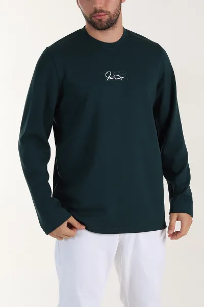 Zümrüt Yeşili Relaxed Fit Oysho Kumaş Nakışlı Yazı Detay Erkek Sweatshirt 399392