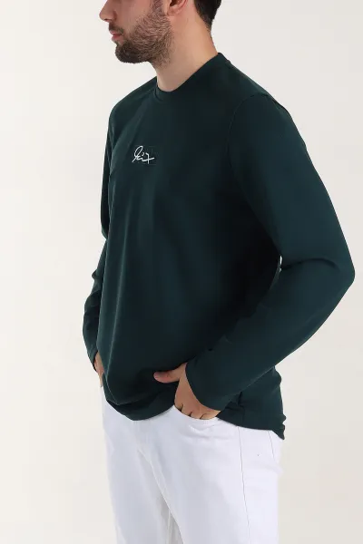 Zümrüt Yeşili Relaxed Fit Oysho Kumaş Nakışlı Yazı Detay Erkek Sweatshirt 399392