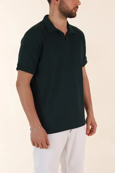 Zümrüt Yeşili Relaxed Fit Petek Dokulu Patlı Polo Yaka Erkek Tişört 370253