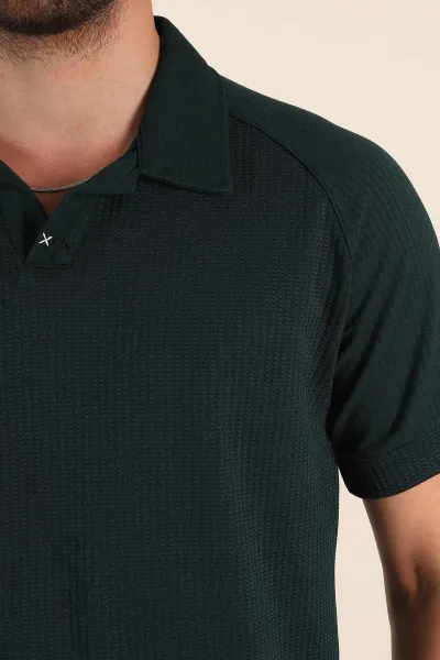 Zümrüt Yeşili Relaxed Fit Petek Dokulu Patlı Polo Yaka Erkek Tişört 370253