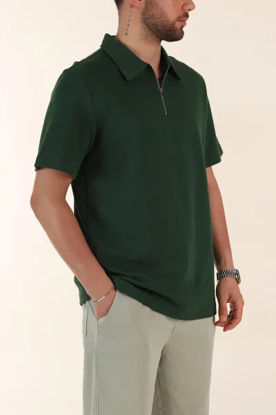 Zümrüt Yeşili Relaxed Fit Pike Doku Fermuarlı Polo Yaka Erkek Tişört 368375