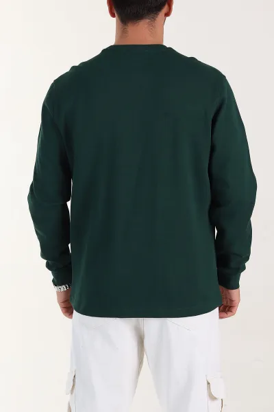 Zümrüt Yeşili Relaxed Fit Pike Dokulu Nakış Detaylı Erkek Sweatshirt 400893