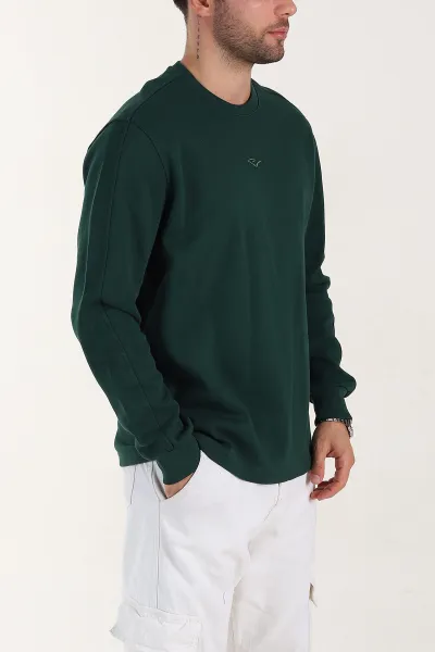 Zümrüt Yeşili Relaxed Fit Pike Dokulu Nakış Detaylı Erkek Sweatshirt 400893