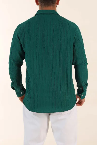 Zümrüt Yeşili Relaxed Fit Pliseli Uzun Kollu Erkek Gömlek 369581