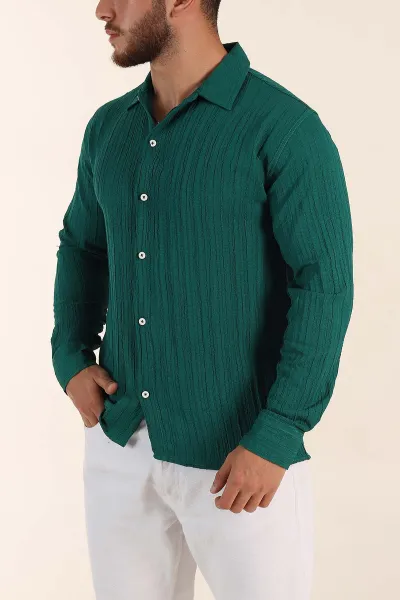 Zümrüt Yeşili Relaxed Fit Pliseli Uzun Kollu Erkek Gömlek 369581