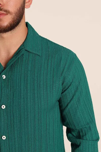 Zümrüt Yeşili Relaxed Fit Pliseli Uzun Kollu Erkek Gömlek 369581