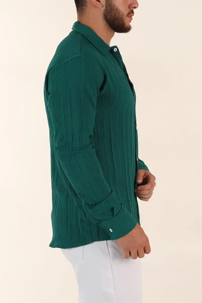 Zümrüt Yeşili Relaxed Fit Pliseli Uzun Kollu Erkek Gömlek 369581