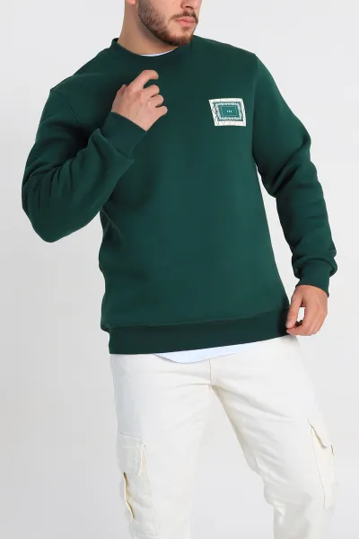 Zümrüt Yeşili Relaxed Fit Üç İp Şardonlu Baskılı Erkek Sweatshirt 309651