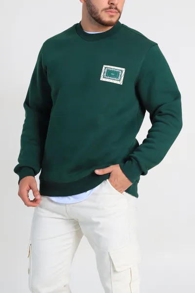 Zümrüt Yeşili Relaxed Fit Üç İp Şardonlu Baskılı Erkek Sweatshirt 309651