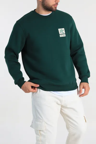 Zümrüt Yeşili Relaxed Fit Üç İp Şardonlu Kabartma Detaylı Erkek Sweatshirt 309875