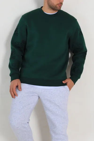 Zümrüt Yeşili Relaxed Fit Üç İp Şardonlu Nakış Detaylı Erkek Sweatshirt 311180