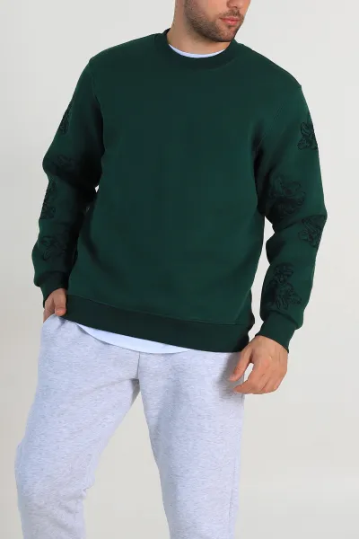 Zümrüt Yeşili Relaxed Fit Üç İp Şardonlu Nakış Detaylı Erkek Sweatshirt 311180