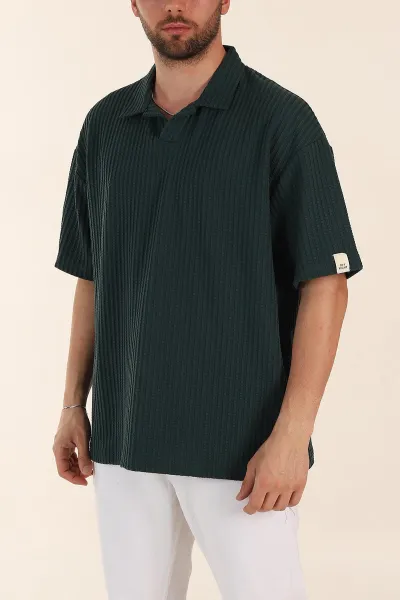 Zümrüt Yeşili Relaxed Fit Waffle Dokulu Patlı Polo Yaka Erkek Tişört 370294