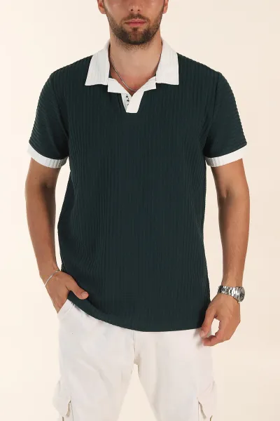 Zümrüt Yeşili Relaxed Fit Waffle Dokulu Polo Yaka Erkek Tişört 373068