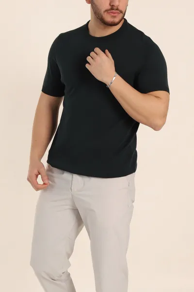 Zümrüt Yeşili Slim Fit Basic Kısa Kollu Triko Tişört 338592