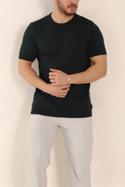 Zümrüt Yeşili Slim Fit Basic Kısa Kollu Triko Tişört 338592