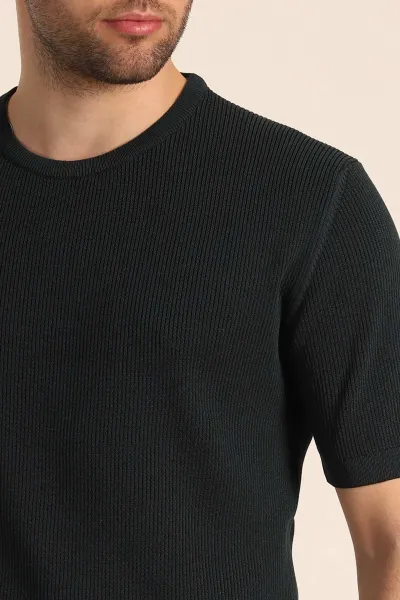 Zümrüt Yeşili Slim Fit Dokulu Basic Kısa Kollu Erkek Triko Tişört 338659
