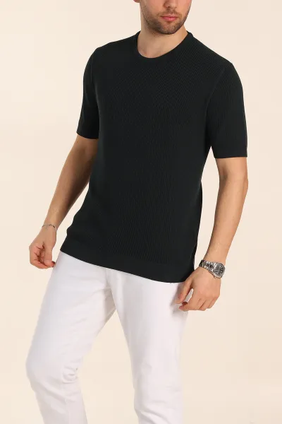 Zümrüt Yeşili Slim Fit Dokulu Basic Kısa Kollu Erkek Triko Tişört 338659