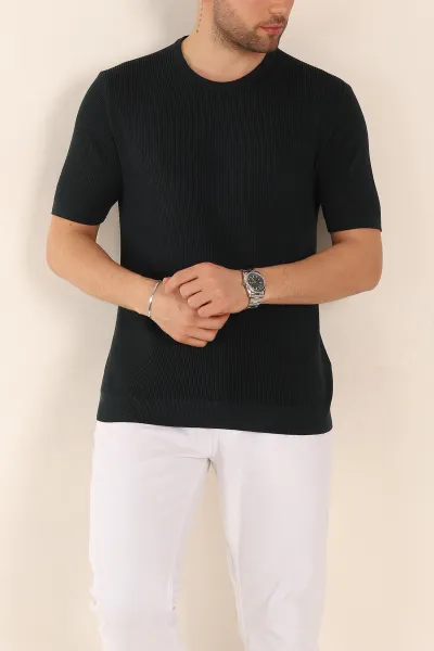 Zümrüt Yeşili Slim Fit Dokulu Basic Kısa Kollu Erkek Triko Tişört 338659