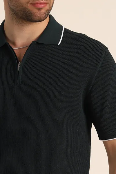 Zümrüt Yeşili Slim Fit Dokulu Fermuarlı Polo Yaka Kısa Kollu Erkek Triko Tişört 338615