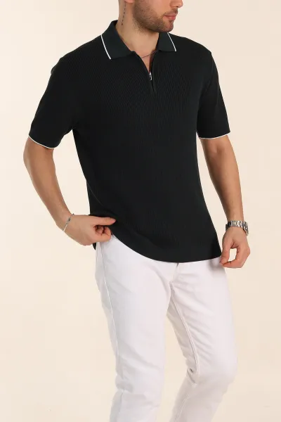 Zümrüt Yeşili Slim Fit Dokulu Fermuarlı Polo Yaka Kısa Kollu Erkek Triko Tişört 338615