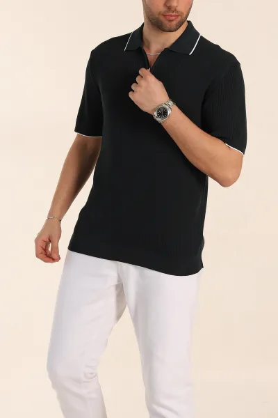 Zümrüt Yeşili Slim Fit Dokulu Fermuarlı Polo Yaka Kısa Kollu Erkek Triko Tişört 338615