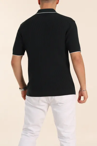 Zümrüt Yeşili Slim Fit Dokulu Fermuarlı Polo Yaka Kısa Kollu Erkek Triko Tişört 338615