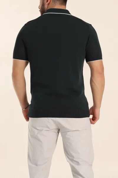 Zümrüt Yeşili Slim Fit Fermuarlı Polo Yaka Kısa Kollu Erkek Triko Tişört 338562
