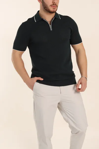 Zümrüt Yeşili Slim Fit Fermuarlı Polo Yaka Kısa Kollu Erkek Triko Tişört 338562