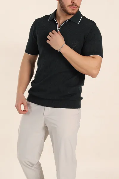 Zümrüt Yeşili Slim Fit Fermuarlı Polo Yaka Kısa Kollu Erkek Triko Tişört 338562
