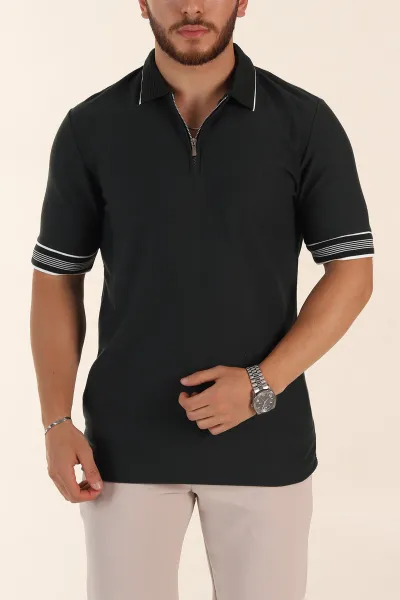 Zümrüt Yeşili Slim Fit Kol Detaylı Fermuarlı Polo Yaka Erkek Triko Tişört 369508