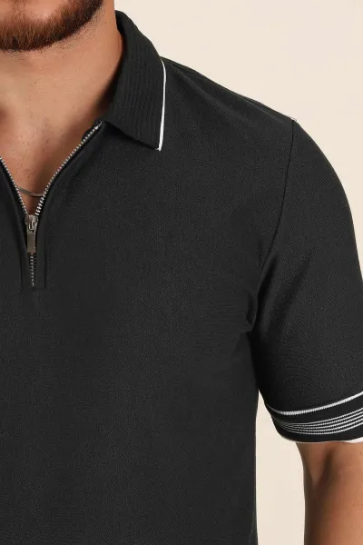 Zümrüt Yeşili Slim Fit Kol Detaylı Fermuarlı Polo Yaka Erkek Triko Tişört 369508
