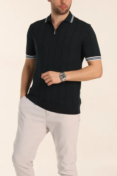 Zümrüt Yeşili Slim Fit Likralı Fermuarlı Polo Yaka Kısa Kollu Triko Tişört 338551
