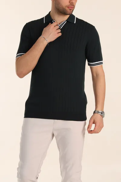 Zümrüt Yeşili Slim Fit Patlı Polo Yaka Kısa Kollu Erkek Triko Tişört 338579